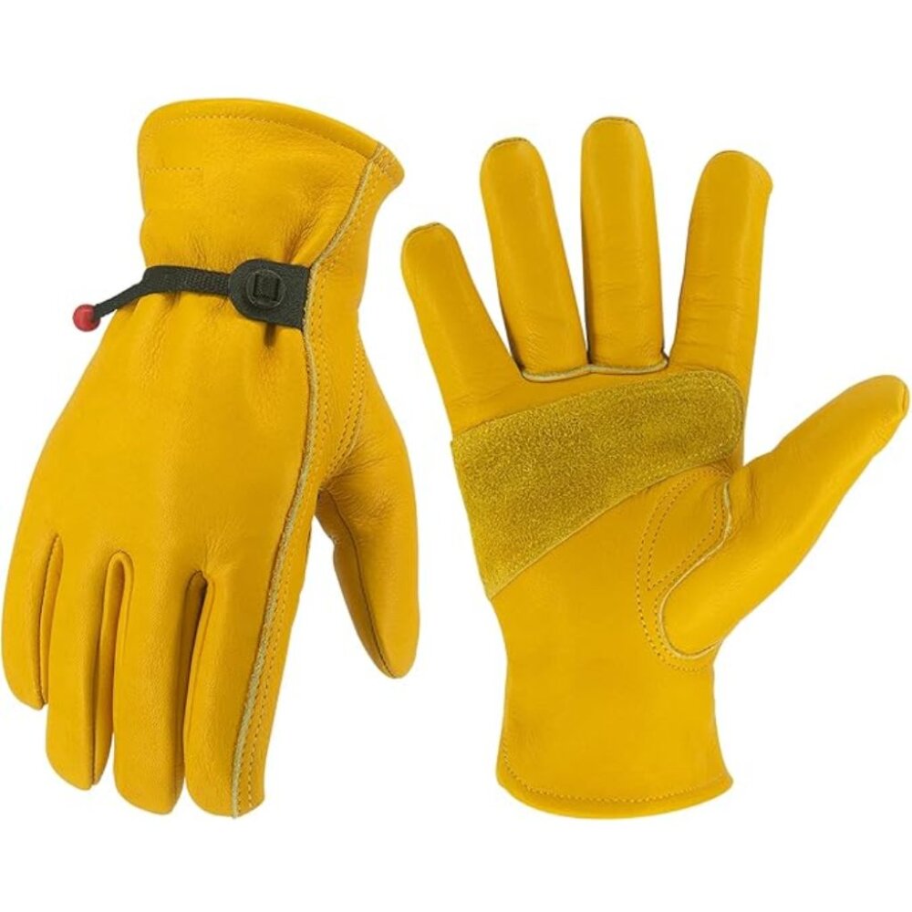 PAKNADA Goatskin Leather Gloves 1Pairs Yellow Reinforced Palm, Heavy Duty Task